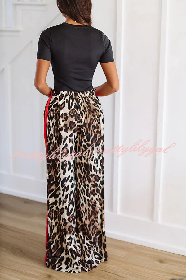 Leopard Print Elastic Waist Pocket Loose Wide Leg Pants