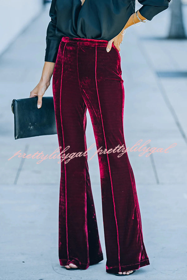 Claudia Velvet High Rise Elastic Waist Flare Stretch Pants