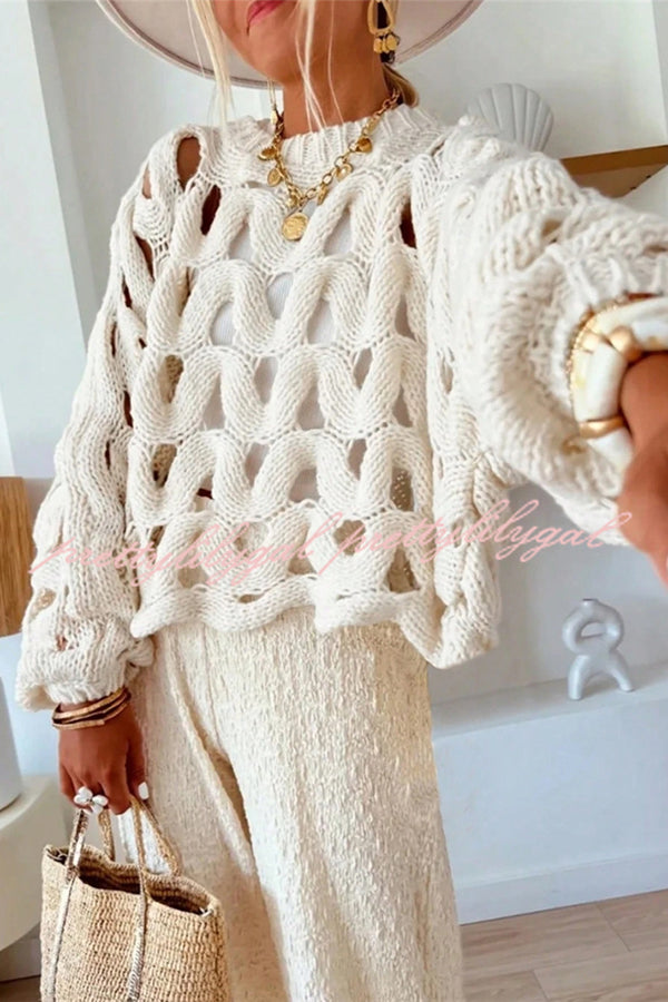 Solid Color Casual Hollow Long-sleeved Holiday Knitted Sweater