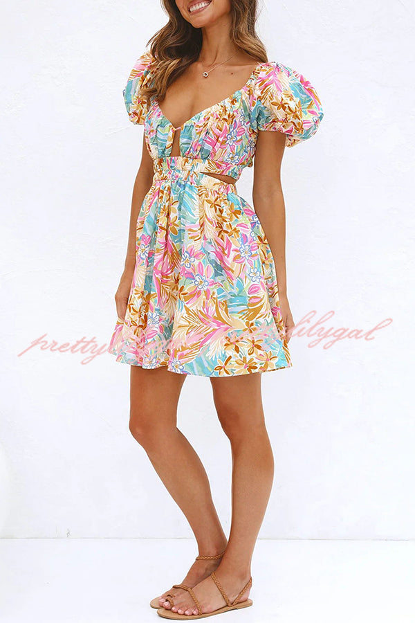 How Sweet Floral Puff Sleeve Cutout Elastic Waist Mini Dress