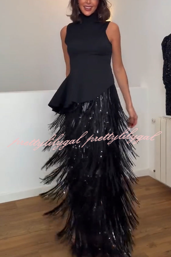 Chic Celebration Layered Sequined Tassels Slip Strapless H-line Midi Dress