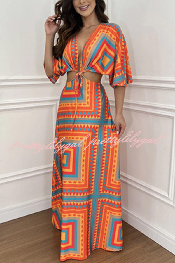 Wilma Unique Print Cutout Elastic Waist Tie-up Kimono Sleeve Maxi Dress