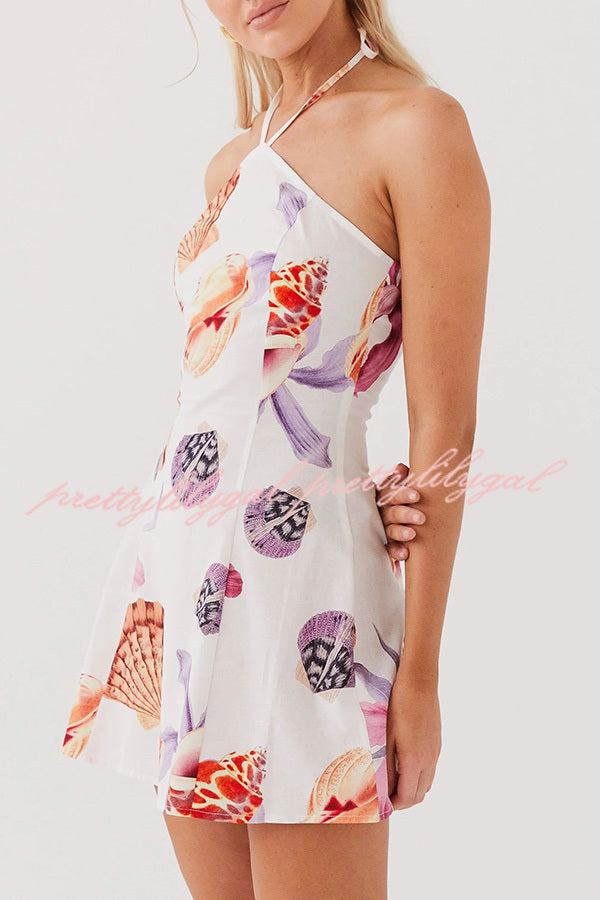 Seaside Bouquet Linen Blend Shells Unique Print Halter Mini Dress