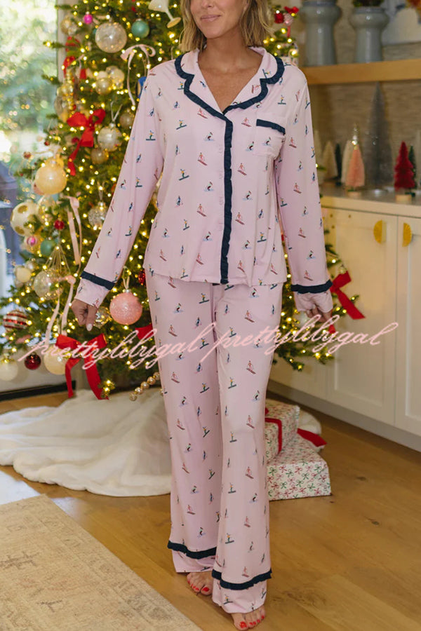 Postcards To Santa Unique Print Ruffles Trim Pocket Shirt and Elastic Waist Pajama Set