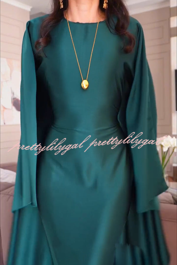 Dignified and Elegant Satin Batwing Sleeve with Waist Tie Design A-line Maxi Dress