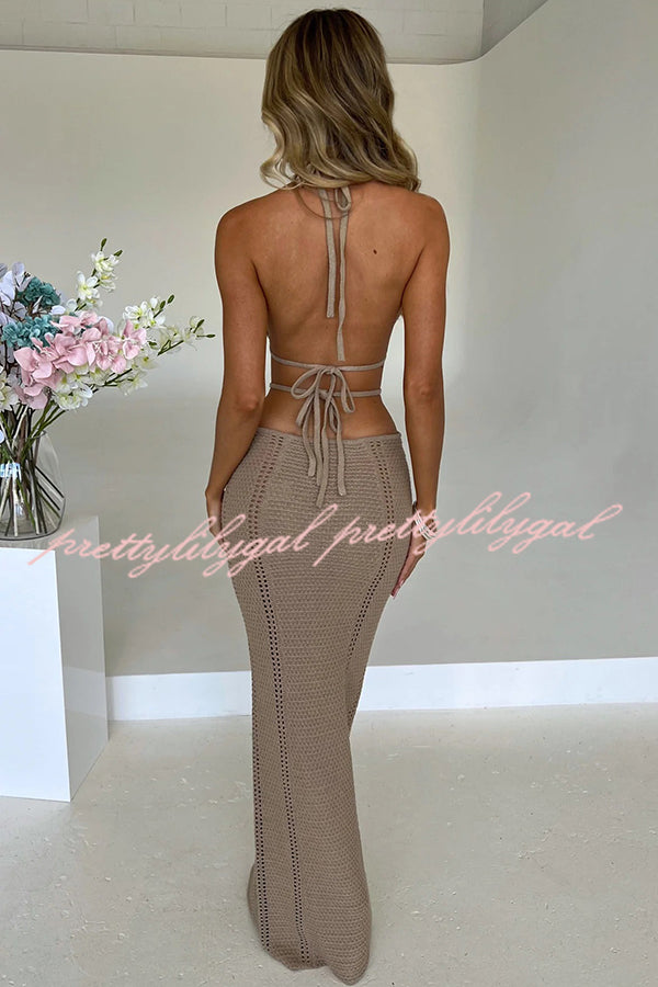 Effortlessly Cool and Sexy Knit Crochet Cutout Halter Tie-up Stretch Maxi Dress