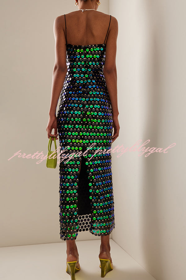 Sexy Sequined Halter-neck Backless Slim Fit Slit Midi Dress