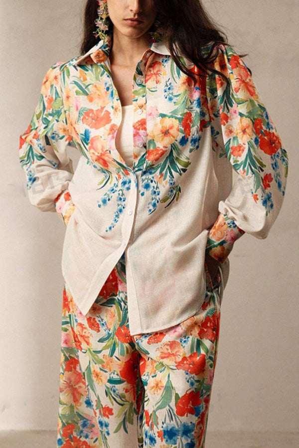 Floral Print Lapel Long Sleeve Shirt and Elastic Waist Pocket Casual Wide Leg Pants Set