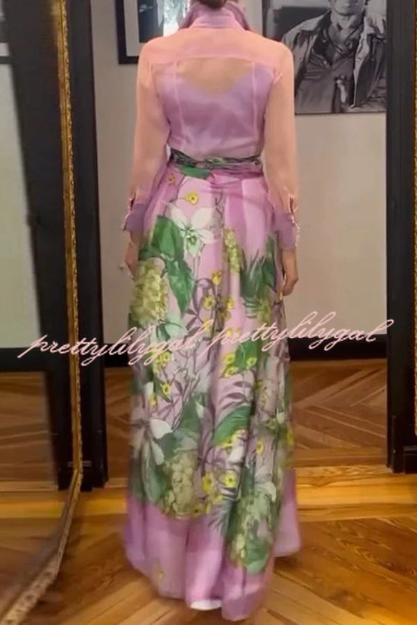 Seeds of Happiness Tulle Floral Print Elastic Waist Belt Pocketed Maxi Skirt