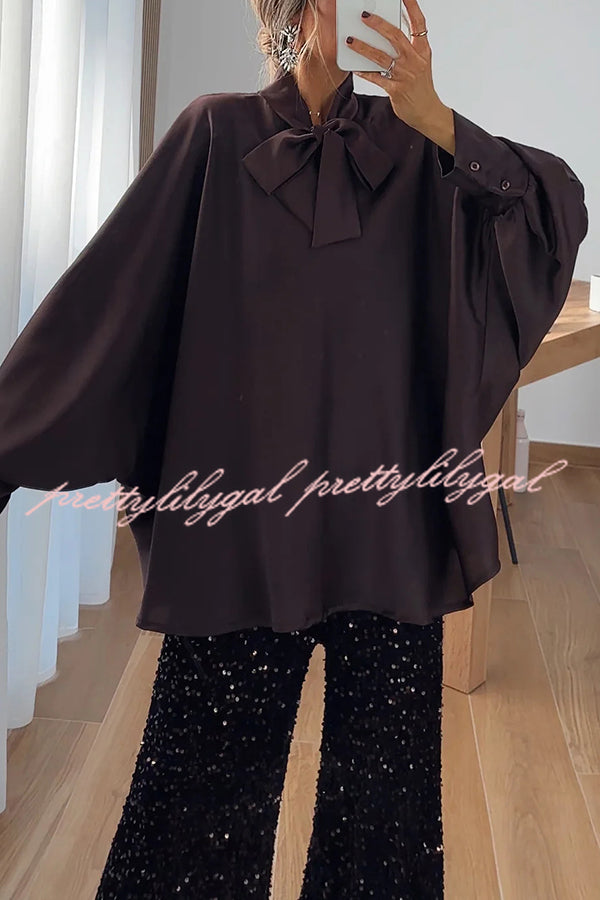 Chic and Merry Satin Bow Neck Batwing Sleeve Loose-fitting Blouse