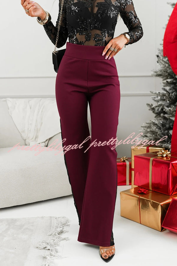 Joelie High Rise Elastic Waistband Side Lace Patchwork Flare Pants