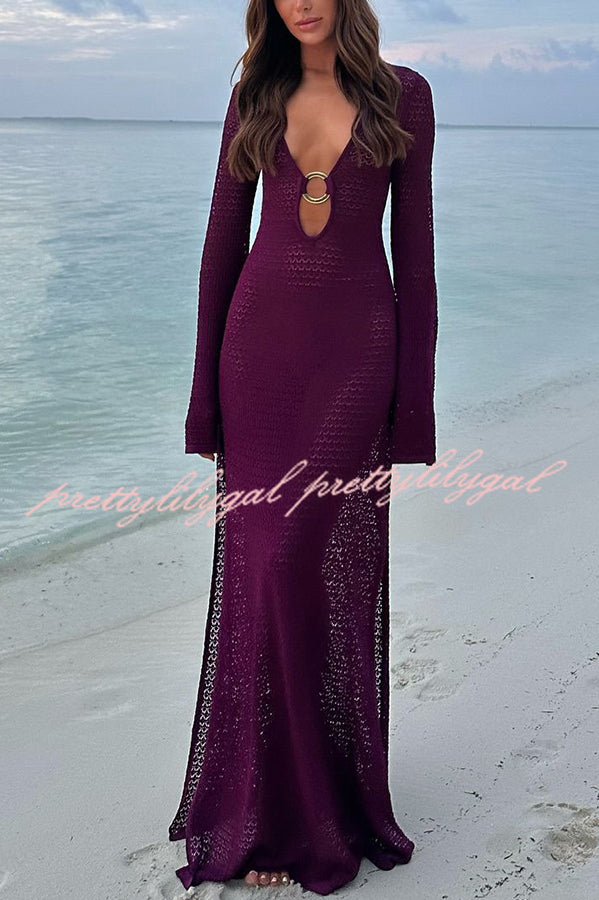 Seaside Goddess Crochet Knit Hollow Out Golden Ring Long Sleeve Cover-up Maxi Dress