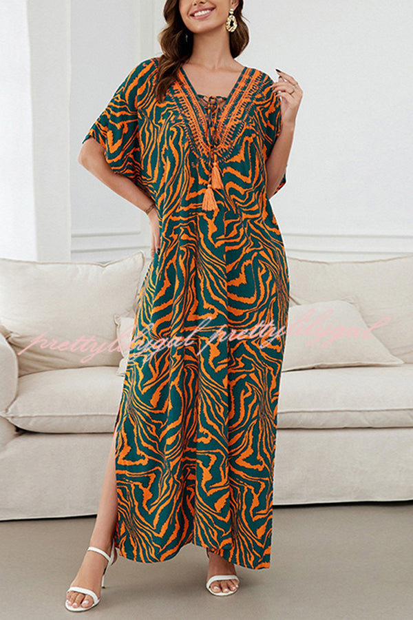 Floral Print V-Neck Lace-Up Loose Holiday Cover-Up Maxi Dress