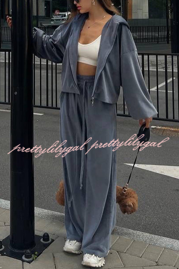 Velvet Casual Zip-up Hooded Top and Elastic Waist Wide Leg Pants Set