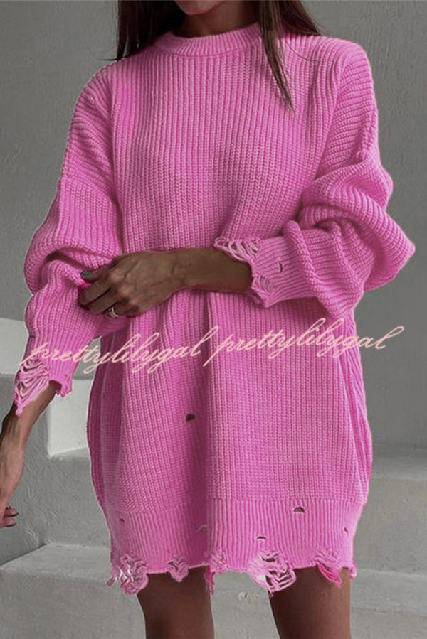 Solid Color Loose Ripped Knitted Mid-length Sweater