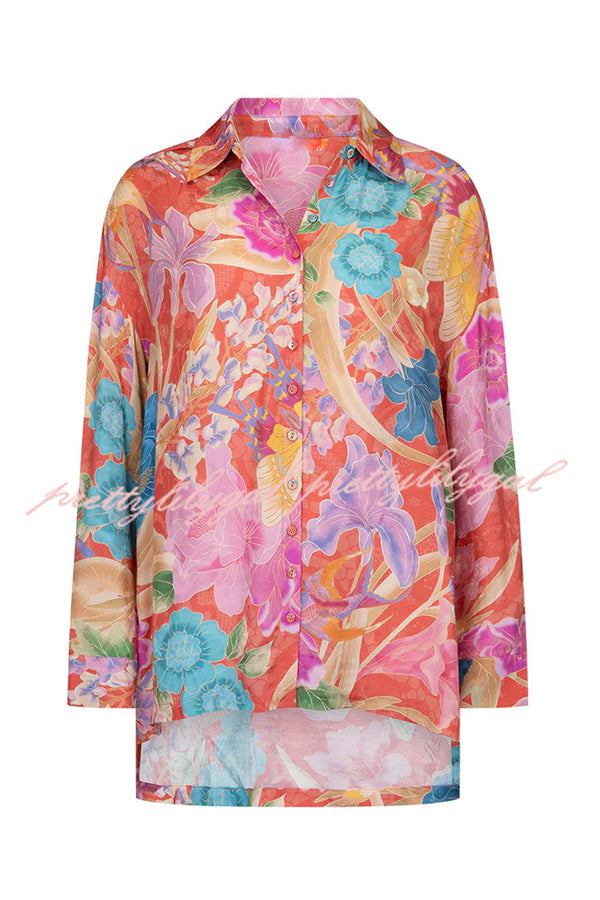 Painter's Garden Boho Floral Print Button Long Sleeve Relaxed Blouse