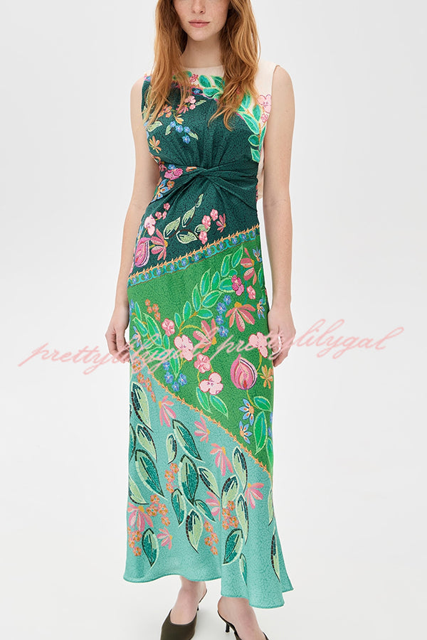 Gwen Satin Unique Print Round Neck Twisted Waist Maxi Dress