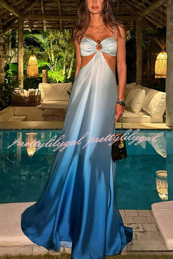 Joceline Satin Gradient Print Metal Decoration Cutout Back Tie-up Vacation Maxi Dress