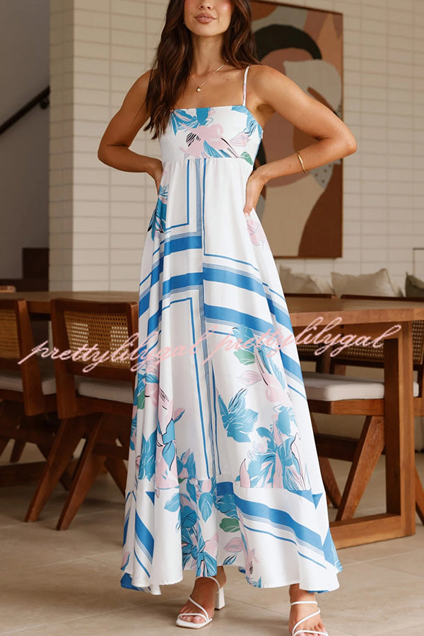 Botanical Print Halter Square Neck Pleated Loose Maxi Dress