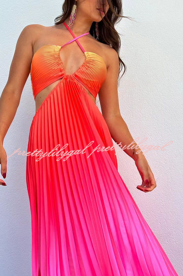 Get Ready Beautiful Gradient Print Cutout Halterneck Pleated Maxi Dress