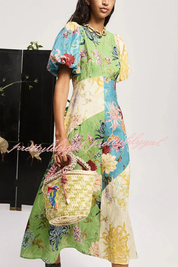 Floral Print Round Neck Puff Sleeve Casual Midi Dress