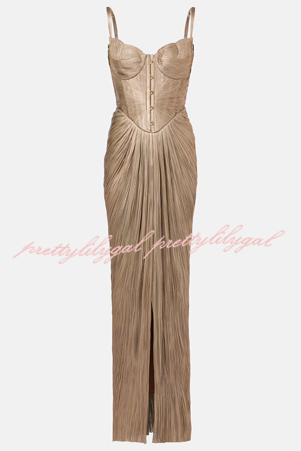 Vegas Queen Metallic Pleated Sculpted Bodice Back Lace-up Drape Maxi Dress