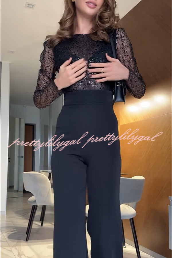 Seleia Tulle Sequin Patchwork Long Sleeve Wide Leg Stretch Jumpsuit