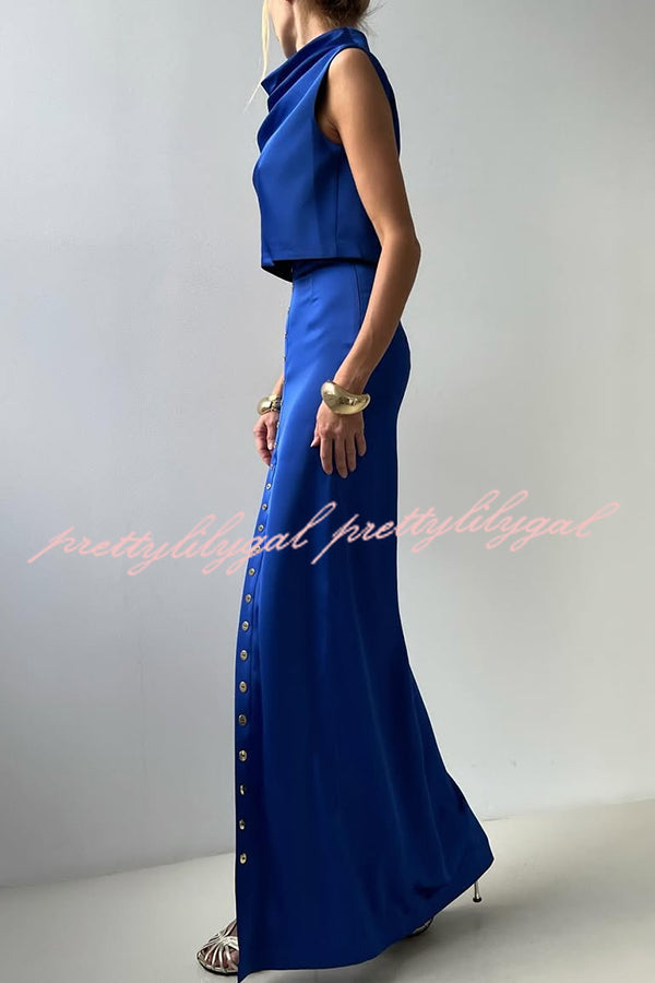 Solid Color Casual Sleeveless Crop Top and Elegant Button-down Maxi Skirt Set