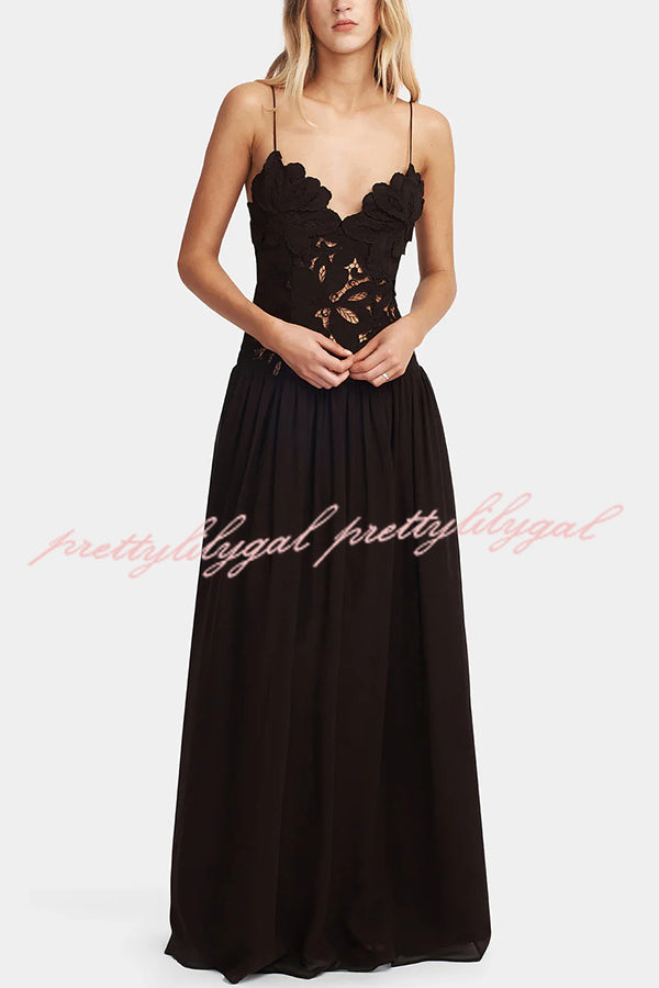 Stephanie Flower Crochet Lace Bust Chiffon Fluffy Hem Maxi Dress