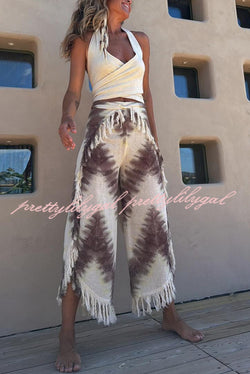 Katy Linen Blend Tie-dye Wrap Tie-up Tassel Trim Pants