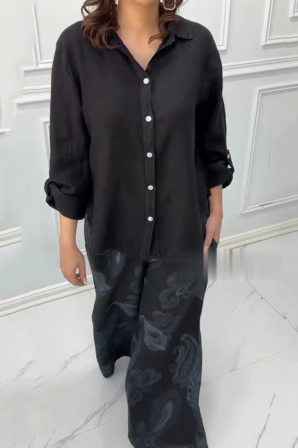Fashion Lapel Long Sleeve Casual Shirt and Unique Print Elastic Waist Pocket Wide Leg Pants Set