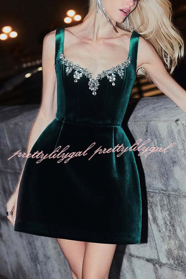 Blair Luxurious Velvet Jewel-encrusted Sweetheart Neck Pocket Tulip Stretch Mini Dress