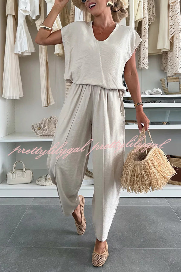 Leva Linen Blend Drawstring Short Sleeve Top and Elastic Waist Pocket Loose Tapered Pants