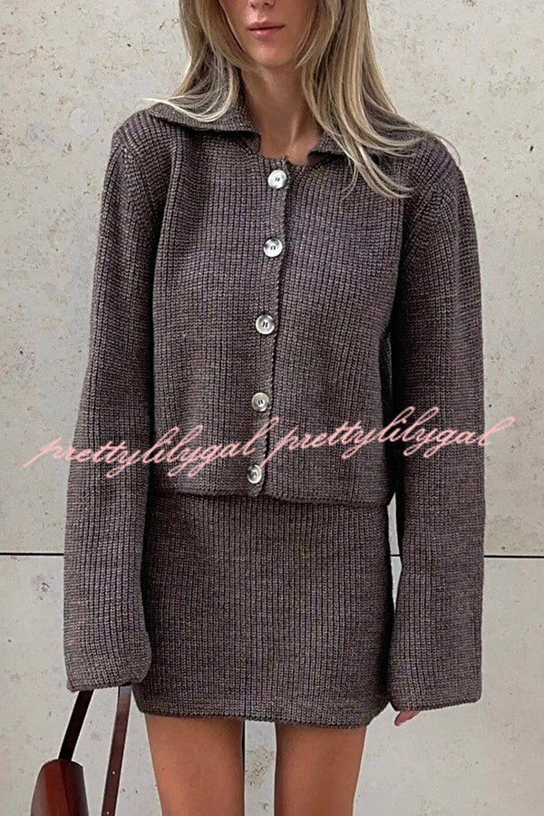 Fashion Lapel Bell Sleeve Knitted Cardigan and Casual Mini Skirt Set