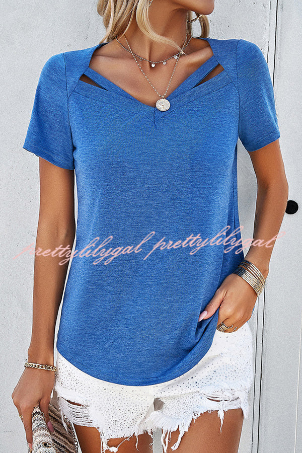 Casual Solid Color Short Sleeved V Neck Hollow T-Shirt