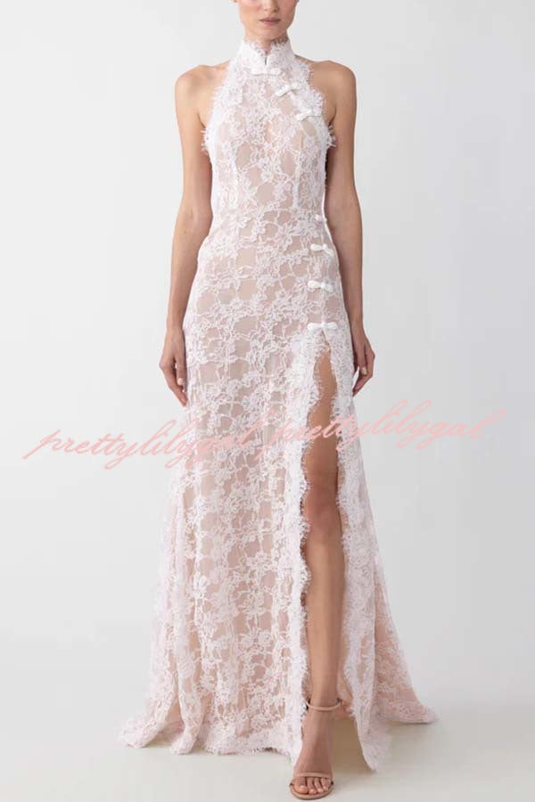 Cheongsam Style Lace Mandarin Halter Neck Backless Slit Maxi Dress