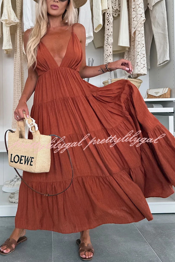 Bohemian Style V-neck Backless Slip Layered Vacation Maxi Dress