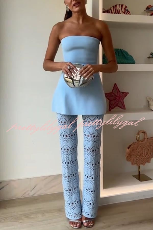 Trena Crochet Knit Hollow Mid Rise Stretch Wide Leg Pants