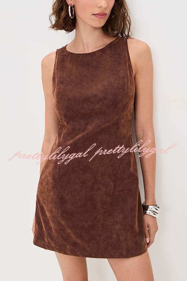 Atlas Faux Suede Open Back Button Accents Zipper Mini Dress