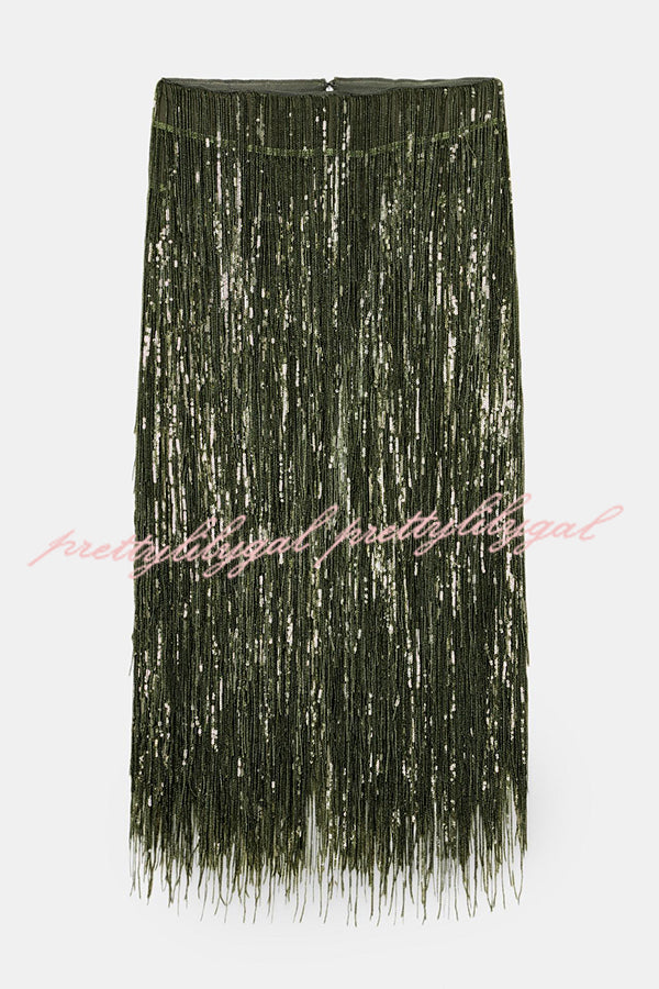 Party Crasher Layered Sequined Tassels High Rise Back Zipper Midi Skirt
