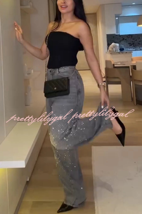 Fashion Star Rhinestone High Rise Casual Pocket Straight Loose Jeans
