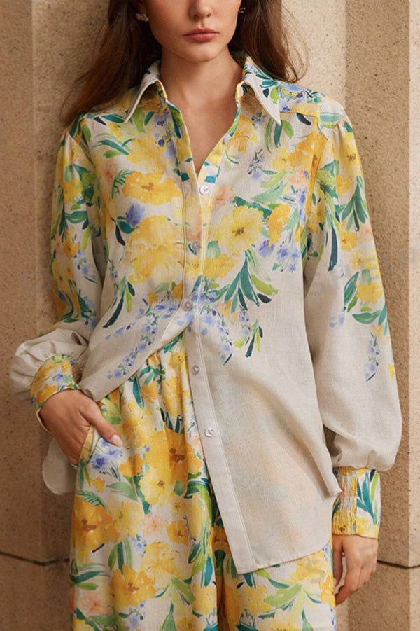 Floral Print Lapel Long Sleeve Shirt and Elastic Waist Pocket Casual Wide Leg Pants Set