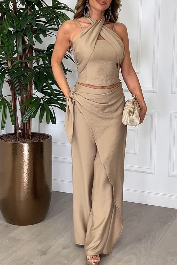 Kathy Linen Blend Cross Halter Smocked Top and Elastic Waist Wrap Tie-up Pants Set