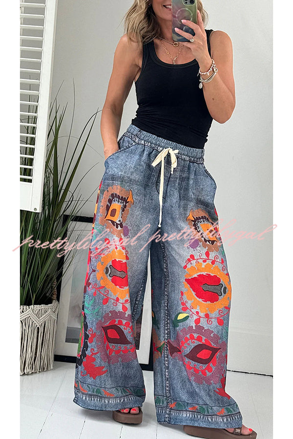 Hippie Style Unique Floral Denim Print Elastic Waist Pocketed Wide Leg Pants