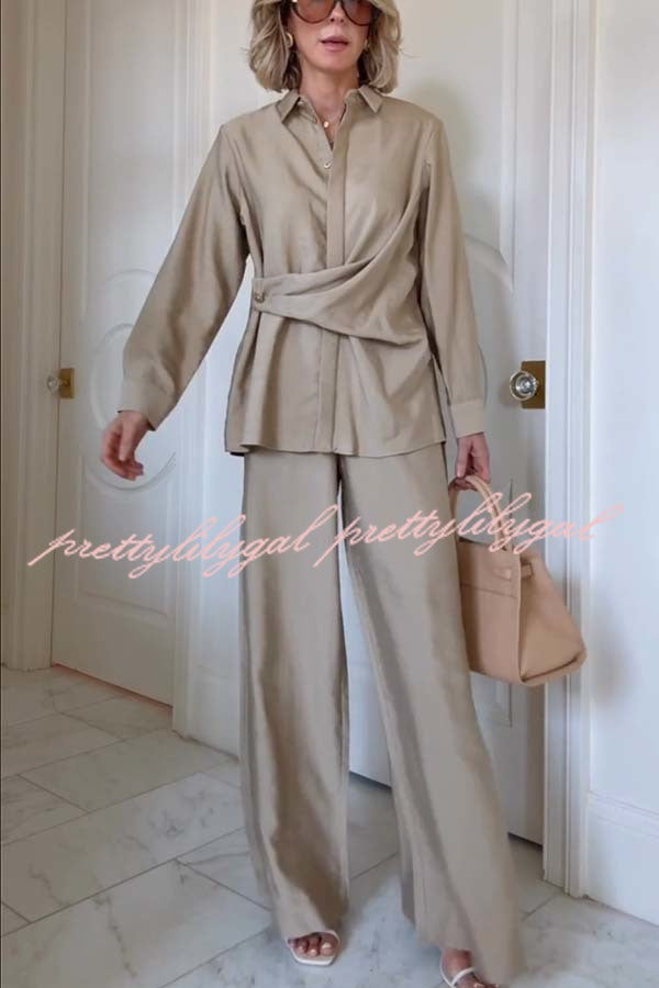 Juliette Cross-front Button Up Long Sleeve Shirt and Elastic Waist Pocket Loose Pants Set