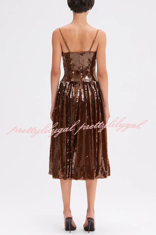 Enchanted Night Sequin Low-cut Corset Balloon Hem Slip Midi Dress