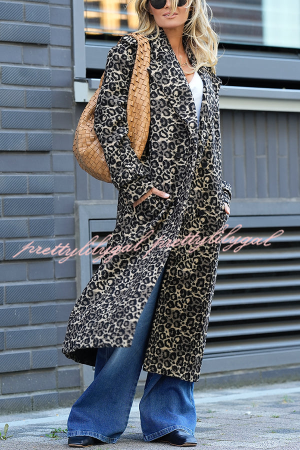 Leopard Affair Animal Print Epaulettes Long Sleeve Pocketed Lapel Midi Trench Coat