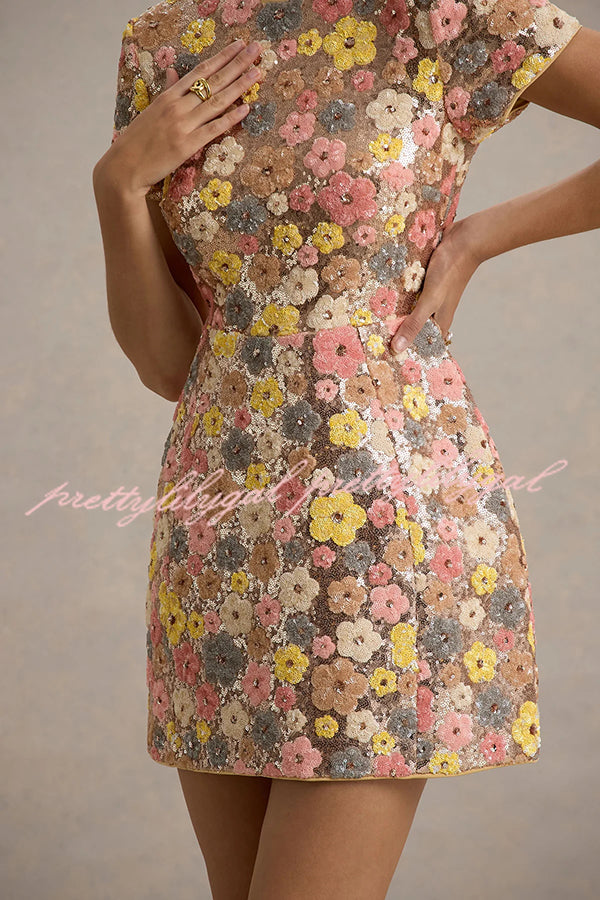 80's Inspired Floral Print Sequin Short Sleeve Stretch Mini Dress