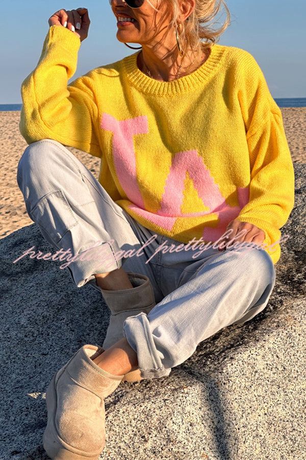Letter Pattern Crew Neck Long Sleeve Loose Knit Sweater
