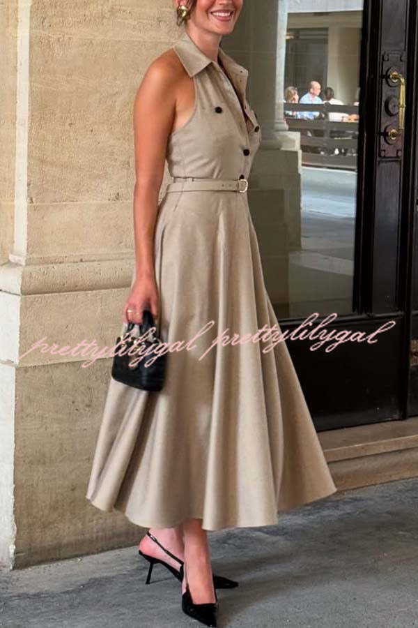 Charmed To Meet You Button Up Belted Pocket Halter Shirt Flare Midi Dress